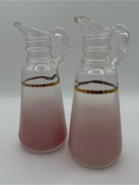 Vintage Anchor Hocking Pink Frosted Glass Cruet Set Matching Mid Century Pitcher